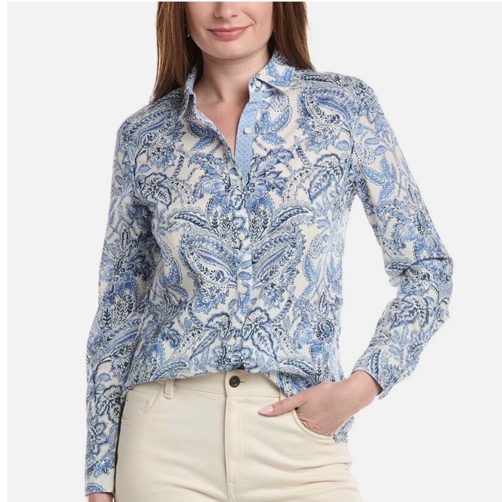 J. McLaughlin Lois Blouse Button Down Off White Blue Paisley Medium NWT